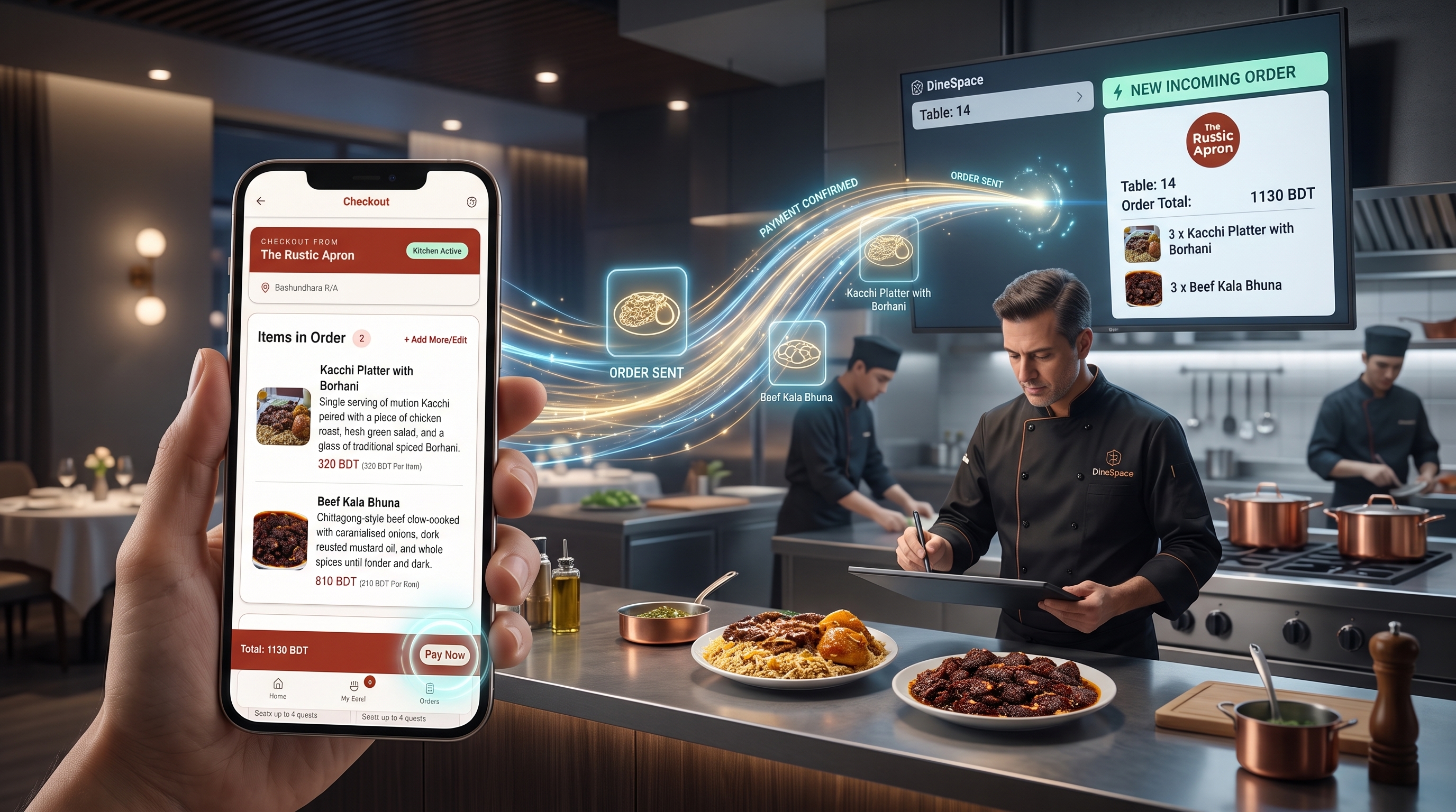 A diner and a restaurant team connected through an order