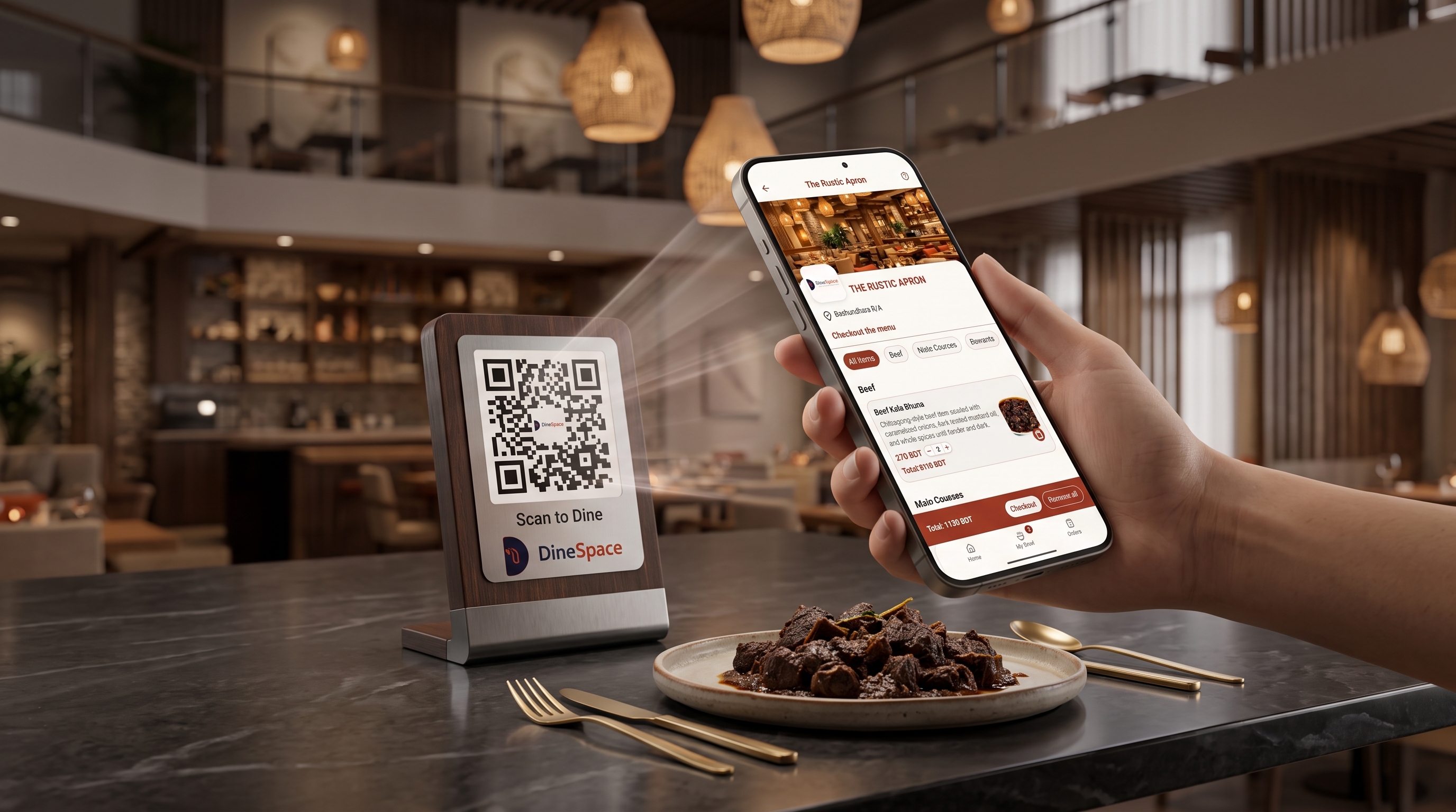 A diner scanning the restaurant QR code on a table stand