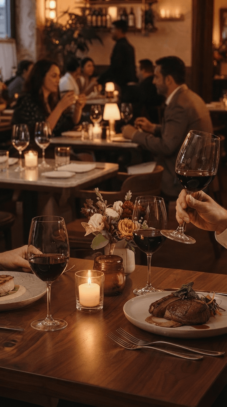 Guests enjoying a meal in a warmly lit restaurant